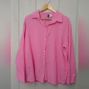 Hot Pink Cotton Linen Blend Long Sleeve Button Down Top Flamingo H&M Size Medium